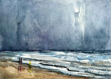 Quadro originale Paesaggio marino sotto la luna piena passeggiata lungo la spiaggia AcquerelloA4