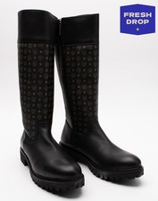 Stivali al ginocchio in pelle POLLINI RRP €320 US10 UK7,5 EU41 neri con logo piatto