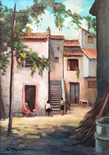 Paesaggio Primavera Vecchio Villaggio Italiano Dipinto Olio Originale Metà Secolo Firmato