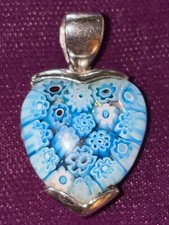 ALAN K. BLUE MURANO MILLEFIORI HEART PENDANT 21mm x 16mm 925 Sterling Silver NEW