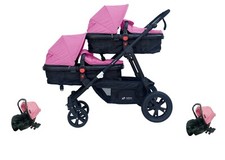 PASSEGGINO CARROZZINA TRIO 3in1 DOPPIO/GEMELLARE ROSA CON DUE OVETTI AUTO ROSA