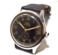 VINTAGE WATCH DOXA IMPERMEABLE OVERSIZED 37,8MM CLAMSHELL CASE BLACK GILT DIAL