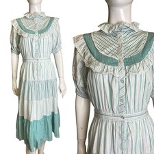 Vtg PHOOL Abito Collo Alto Anni '70 '80 Verde Strisce Abito 12-14 Cotone India L