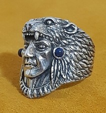 ANELLO ARGENTO 925 UOMO Bear  Orso B harley indiano Ring Chief Sterling  Lapis $