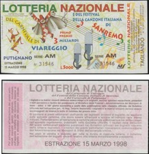 ITALIA BIGLIETTO LOTTERIA DI SANREMO 1998 + TAGLIANDO "PERFETTO"