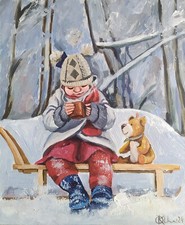 quadro acrilico su tavola originale fatto a mano arte con una ragazza nel bosco invernale