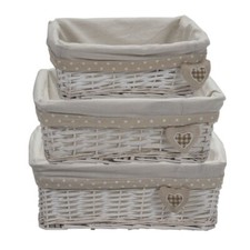 Set 3 Cestini Vimini Rettangolo per Oggetti Pane 3 mis Fodera stoffa 1866 Bianco