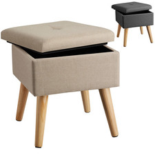 Sgabello Imbottito con Effetto Lino Scompartimento Interno Poggiapiedi Mobile