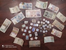 LOTTO OGGETTI ANTICHI-BANCONOTE LIRE ITALIANE-MONETE E FRANCOBOLLI DA COLLEZIONE