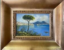 quadro dipinto a olio su tela paesaggio napoli con cornice oro stile antico 900