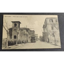 Cartolina Nettuno - Villini sulla Strada di Anzio - Tram