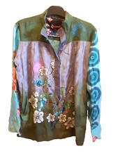 Desigual Camicia blusa Tg S con disegno e ricamo a mano paillettes turchesi rosa