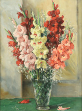 Natura morta gladioli in vaso, 1960 | Quadro (dietro vetro) di Alfio Paolo GR...