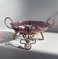 ANTICO PORTA GIOIE VITTORIANO METALLO DORATO VETRO AMETISTA DECORO FLOREALE '800