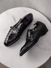 Scarpe monaco coccodrillo nero da uomo fatte a mano, scarpe in pelle eleganti formali da uomo