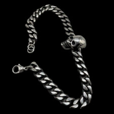 Bracciale uomo catena grumetta piatta teschio color argento punk in acciaio inox
