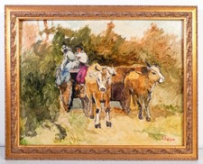 ⚜️ QUADRO FIRMATO R SALINO SCENA PASTORALE CARRO BUOI DIPINTO OLIO TAVOLA NOVARA