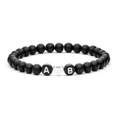 Bracciale con iniziale nome 2 Lettere Cuore Argento perle nero Coppia Uomo Donna