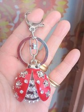 Portachiavi donna ciondolo grande coccinella fiori e strass portafortuna NUOVO