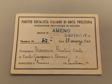Tessera Fed. Locale Partito Socialista Italiano PSI PSIUP 1945 Novara Ameno RRR