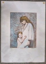 Magnifica calcografia a colori_"Maternità"_Grande misura firmata in originale