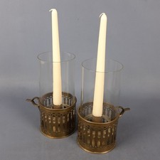 Antica Coppia Candelieri Vittoriani In Ottone E Vetro Rari & Originali Primi 900