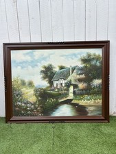 36x48 Originale Vintage Artista MARTEN Olio Tela Casetta Scena Campagna Cigni Arte