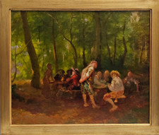 SEGUACE Circle CAMILLO INNOCENTI Quadro Dipinto OLIO Banchetto all'aria aperta