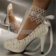 Su.cheny Basse Pizzo Nastro Caviglia Perle Sposa Matrimonio Pompa Scarpe Tacchi
