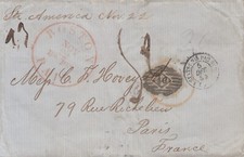 MTM015 - 1854 LETTERA TRANSATLANTICA USA ALLA FRANCIA piroscafo AMERICA - RARA TARIFFA