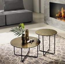 TAVOLINO DA SALOTTO TONDO IN METALLO PIANO VETRO MARTELLATO O EFFETTO MARMO CD