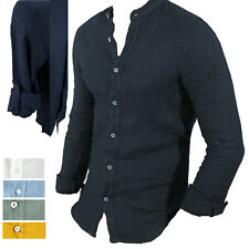 Camicia Uomo in Lino Manica Lunga Collo alla Coreana Slim Fit S M L XL XXL 3X 4X
