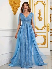 Abito da sera vestito da cerimonia lungo elegante paillettes azzuro matrimonio