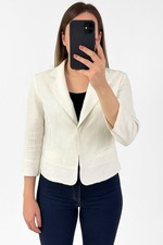 Blazer Da Donna Max Mara Bianco Taglia 38 In Lino Ricamato Manica 3/4 Elegante