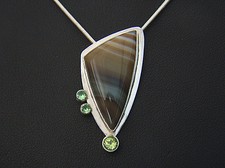Banded Agate With Green Garnets And Peridot . Pendant. Sterling Silver .
