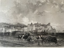 Incisione su acciaio 1832 Pozzuoli Napoli Campania Molo di Caligola