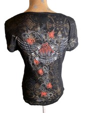 Maglietta Y2K Harley Davidson Burnout trasparente tatuaggio Goth Grunge Mcbling Wings L