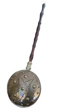 Antico Scalda Letto Rame Ottone Stella Traforata Manico Lungo Legno Tornito