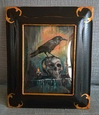 Dipinto a olio Memento Mori Vanitas teschio corvo vintage in cornice