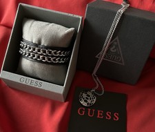 🌈GUESS Bracciale in Acciaio/Pelle Vera Scatola Originale Collana con Ciondolo