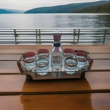 VINTAGE SET DI BICCHIERI WHISKY CON BOTTIGLIA E VASSOIO DA BARCA YACHTS