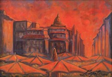 Veduta di Roma Paesaggio Tramonto Campo de' Fiori Grande Dipinto Olio Originale Firmato