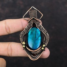 Regalo per Lei Rame Neon Flash Labradorite Gioielli Filo Avvolto Ciondolo 3,31"