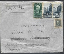 1940 25C ETIOPIA MISTO 50C+1L X2 ERITREA SU AEROGRAMMA X NAPOLI ,R.CALABRIA