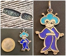 Ciondolo GEISHA charm VINTAGE 70 donna giapponese KIMONO smalto BLU?ARGENTO 800