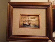 QUADRO DIPINTO AD OLIO PAESAGGIO MARINA CON BARCHE IN CORNICE