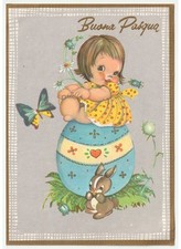 Non Viaggiata cartolina vintage Buona Pasqua bambina uovo farfalla coniglio