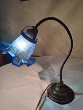 ANTICA LAMPADA LIBERTY IN OTTONE CON PARALUME ORIGINALE IN VETRO BLU FUNZIONANTE