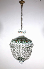 LAMPADARIO SOSPENSIONE VETRO BOEMIA INCAMICIATO OPALINO VERDE DECORO FLOREALE 50