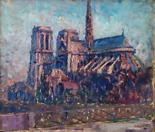 Notre-Dame de Paris, antico dipinto ad olio impressionista francese firmato Defontaine